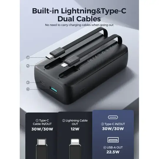 Joyroom JR-PBC07 30W Mini Power Bank 20000mAh With Dual Cables USB-A to Type-C 0.25m Cable